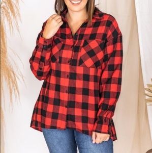 Pink Lily - Northern Sky Red Buffalo Plaid Button Up Blouse